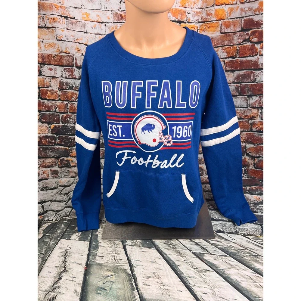 Buffalo Football Sweatshirt Blue Graphic Raglan Pullover Pocket Womens L - Picture 1 of 6